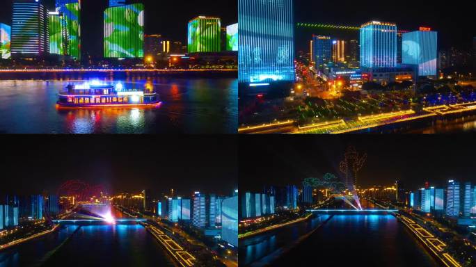 航拍福州金融街万达灯光秀无人机表演4K