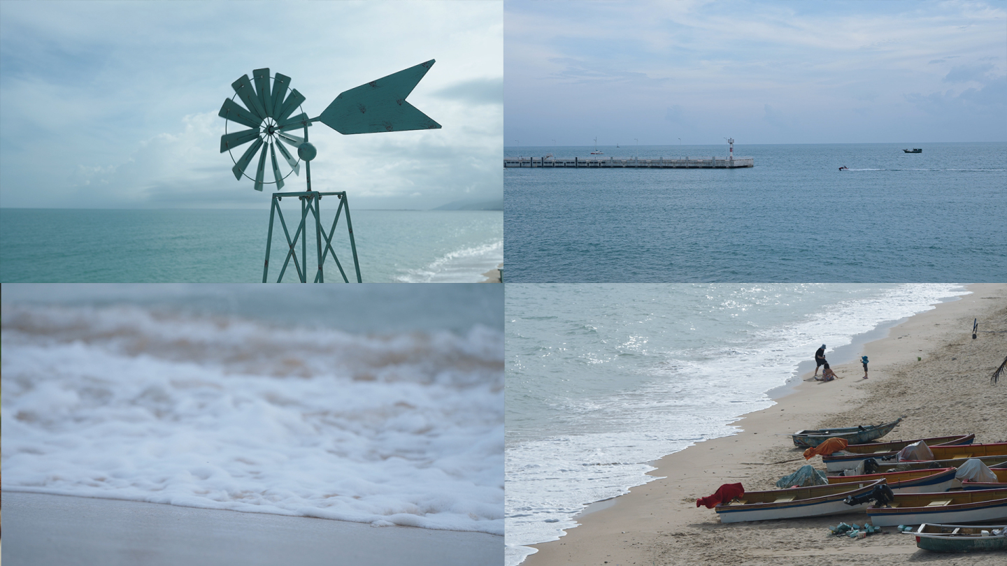 海边自然惬意生活风车沙滩海浪船只