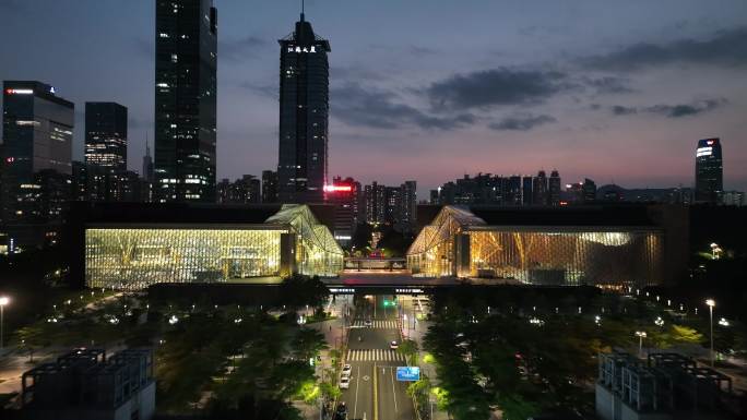 市民中心图书馆夜景航拍4k