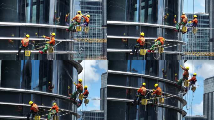 建筑工人高空作业蜘蛛人擦玻璃外墙清洗