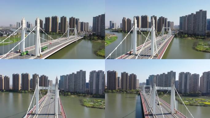 航拍镜湖大桥绍兴城市交通跨河大桥现代建筑