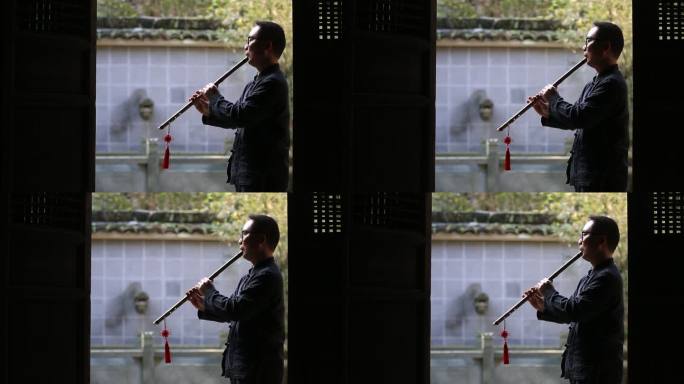 中国传统乐器竹箫洞箫演奏古建筑木门剪影