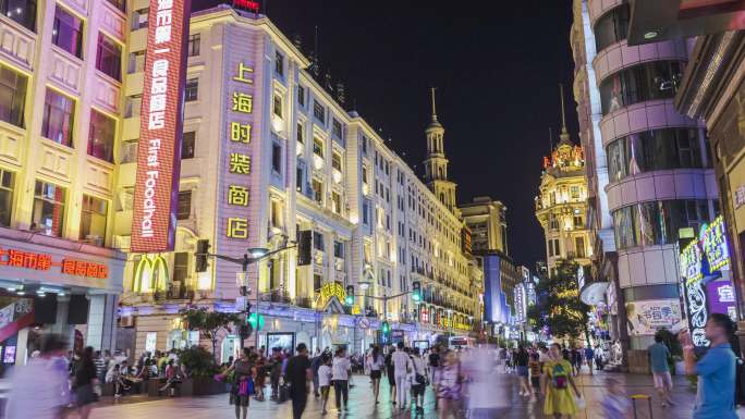 4k上海南京路步行街夜景延时