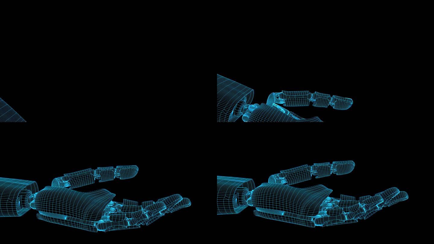 原创4K蓝色全息线框科技手掌动画带通道