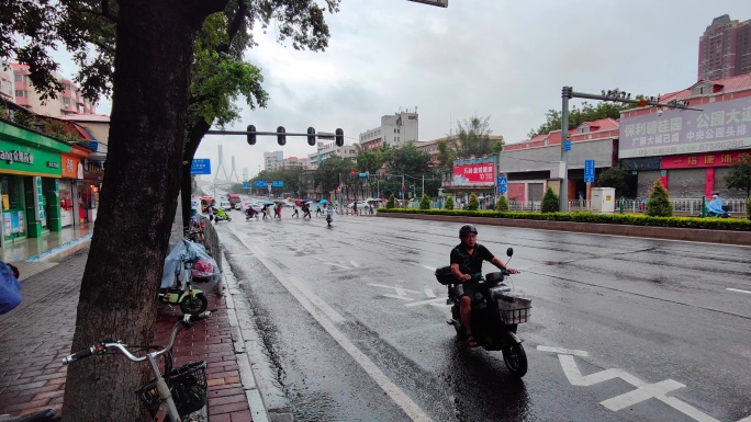 城市早晨雨天交通街景