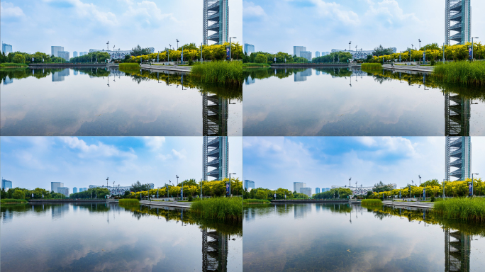 4K城市地标北京鸟巢建筑湖面倒影延时素材