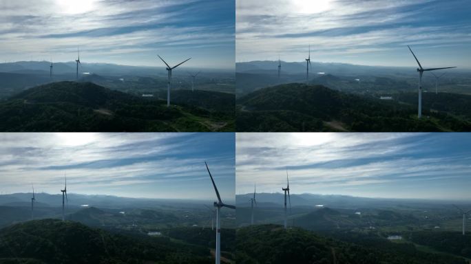 航拍襄阳山区风力发电机风轮机风电自然风光