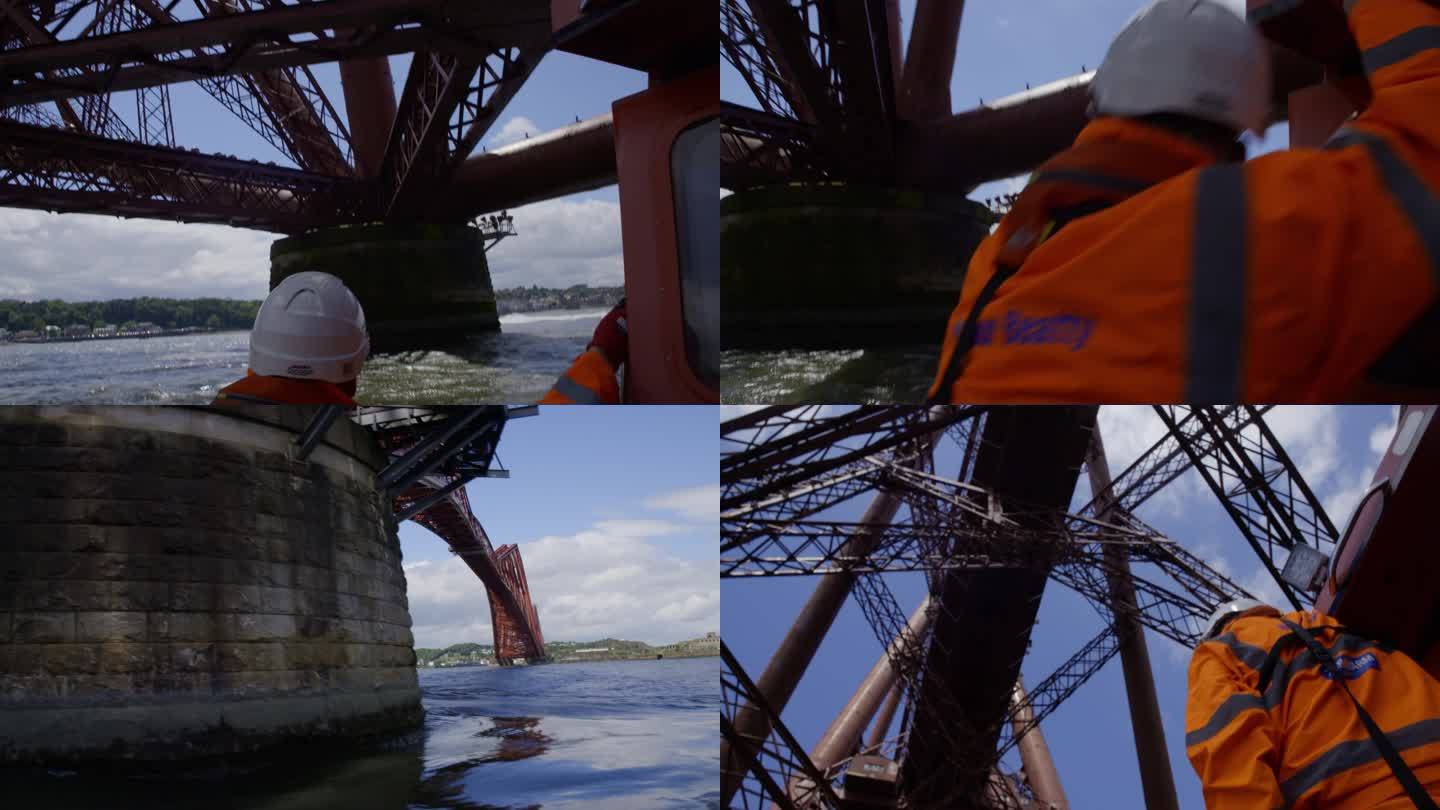 苏格兰东海岸福斯桥下检查员乘船前往上工