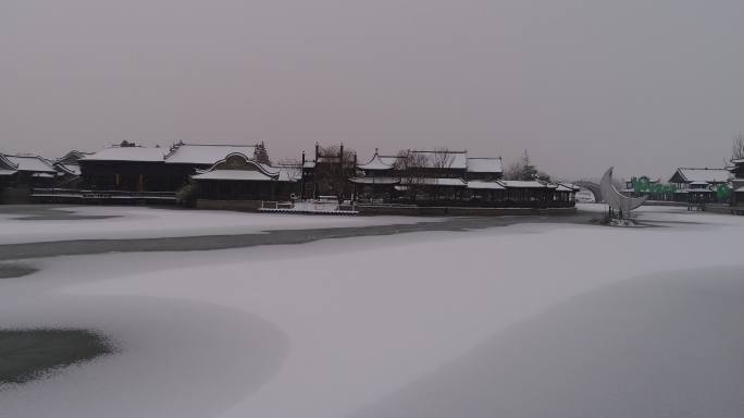 开封朱仙镇启封故园景区4k航拍雪景