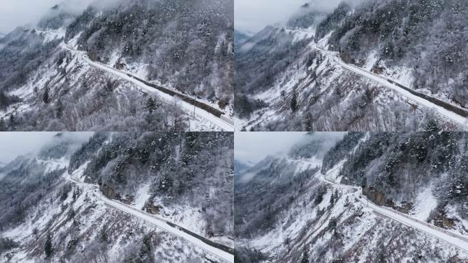 美丽冬季雪景山路航拍公路旅行