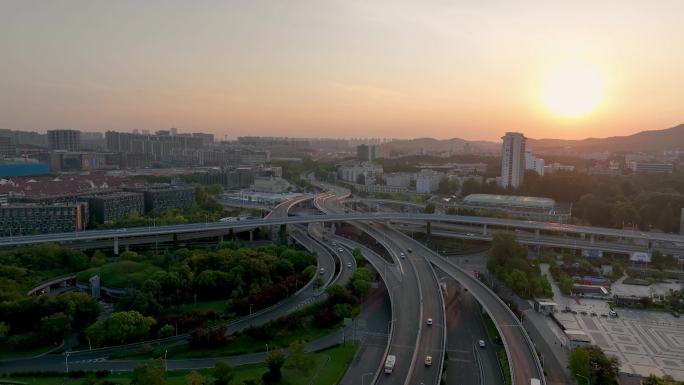航拍日出阳光下的南京新庄立交桥