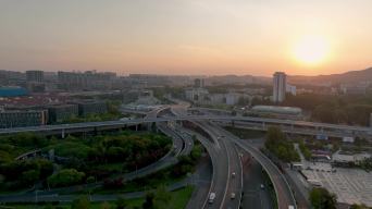 航拍日出阳光下的南京新庄立交桥视频素材