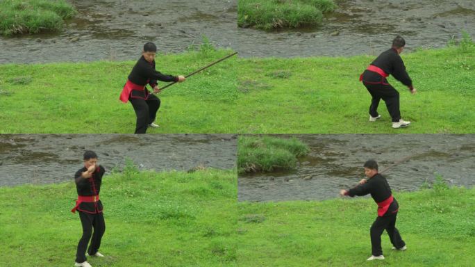 浙江绍兴诸暨非遗赵家拳棒河边展示演练棍棒