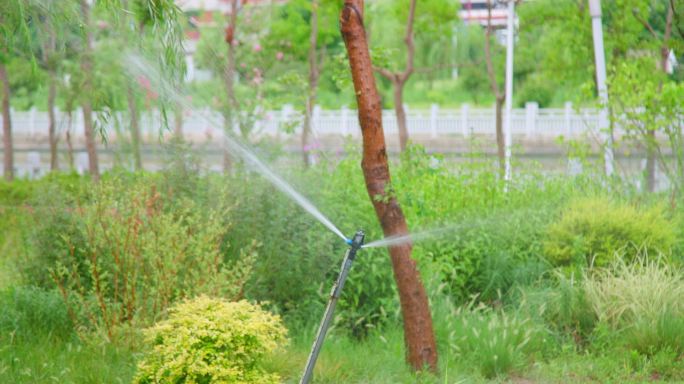 4K升格实拍自动喷水灌溉树木花草机