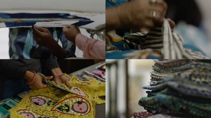 印度加尔各答豪拉桥附近刺绣作坊缝纫工作