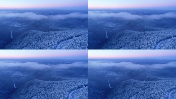 航拍大兴安岭雪色山林冷空气