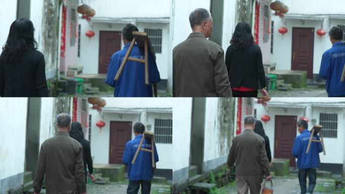 江南浙江农村老人背长木凳走在老街上实拍