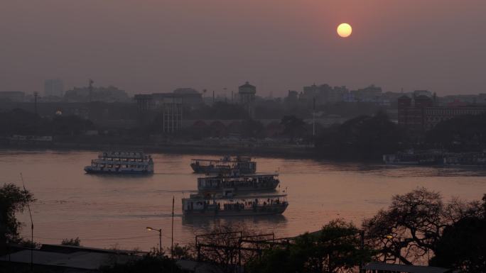 印度加尔各答豪拉桥黄昏人文景观