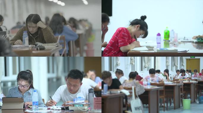 大学生在图书馆自习室内看书