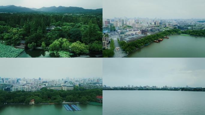 西湖全景 航拍 杭州 景色 苏堤 江南