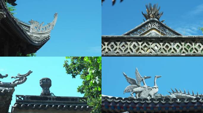 江南徽派古建筑屋檐屋顶黑瓦仙鹤砖雕西施殿