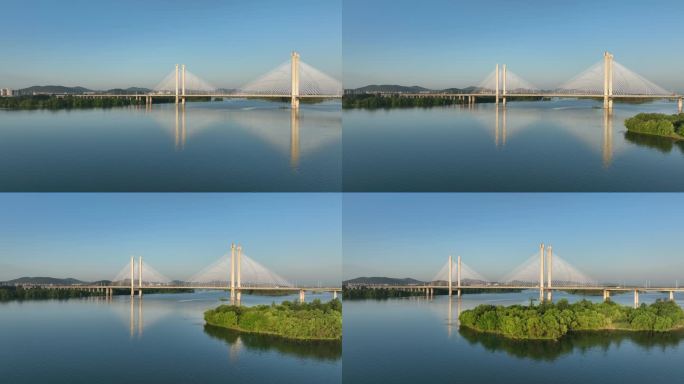 航拍襄阳卧龙大桥汉江国家湿地公园风光