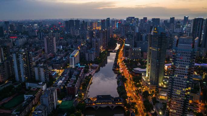 成都锦江廊桥航拍延时城市景观