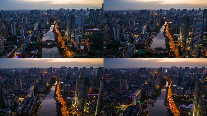 成都锦江廊桥航拍延时城市景观
