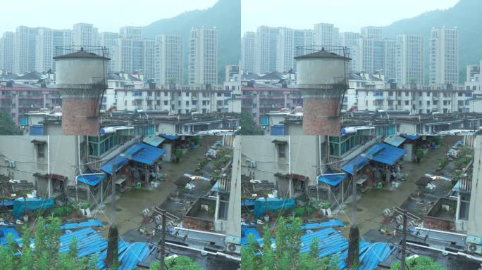 浙江诸暨老城区旧城乱搭乱建蓝色彩钢板