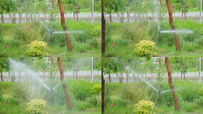 4K升格实拍自动喷水灌溉树木花草机