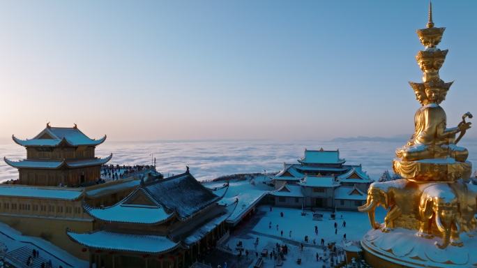 航拍峨眉山金顶雪景云海日出