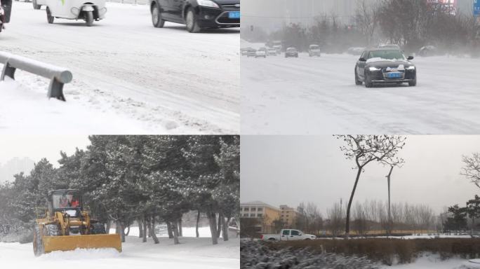 雪天街道下雪天开车除雪车北方冬天马路驾驶