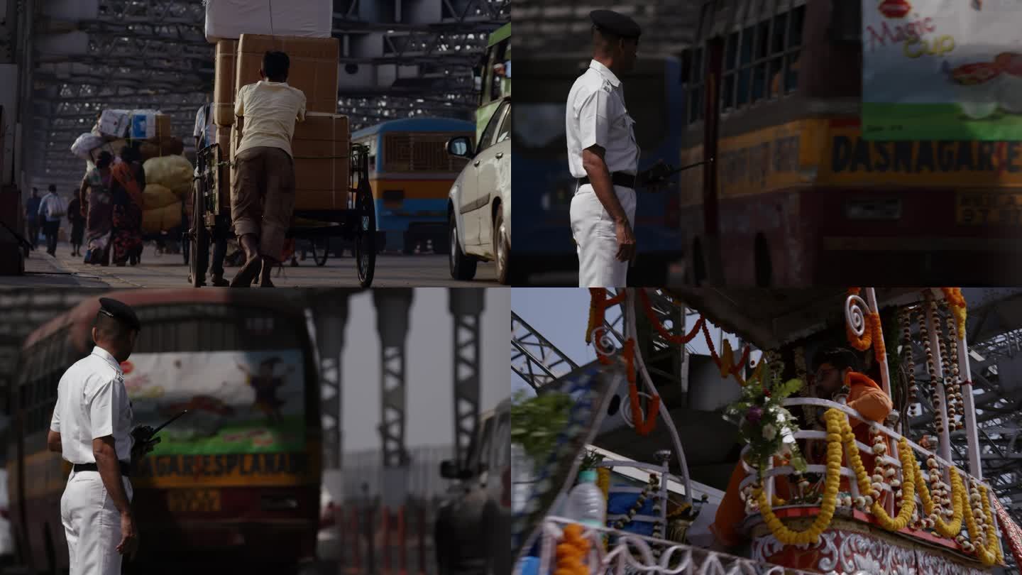 印度加尔各答豪拉桥游行交通情况警察巡逻
