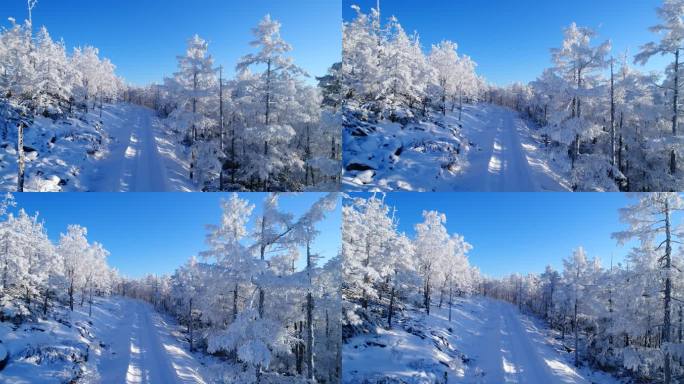 航拍大兴安岭森林雾凇雪路