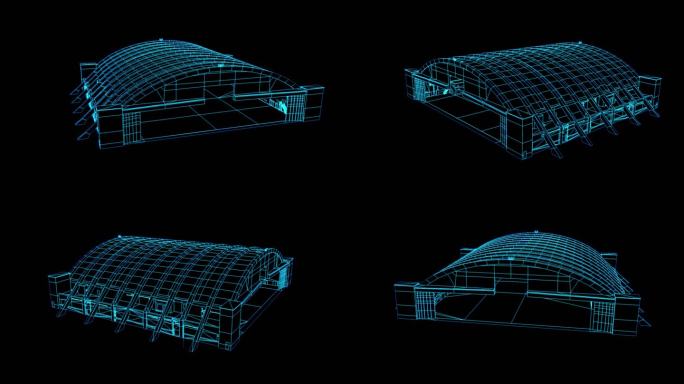 4K蓝色全息线框科技厂房素材带通道