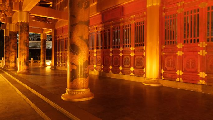 中式古建筑宫殿大殿走廊长廊夜景