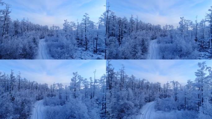 航拍大兴安岭山林雾凇雪路