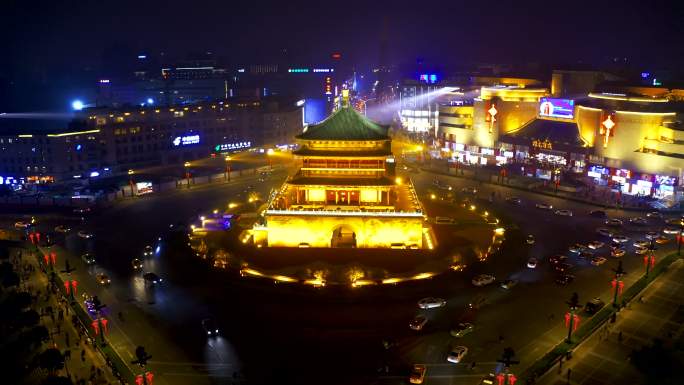 陕西西安钟楼夜景航拍