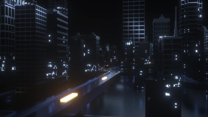 夜晚现代城市市区高架道路夜景C4D动画