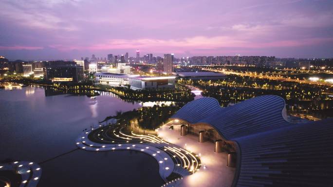 航拍夜晚江苏南通大剧院夜景