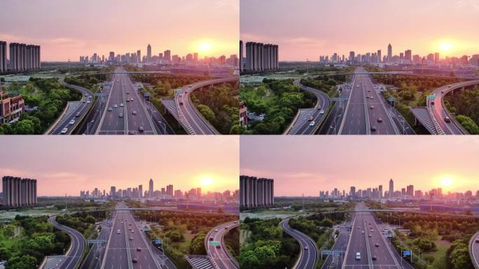 航拍夕阳下高架道路和江苏南通现代城市风光