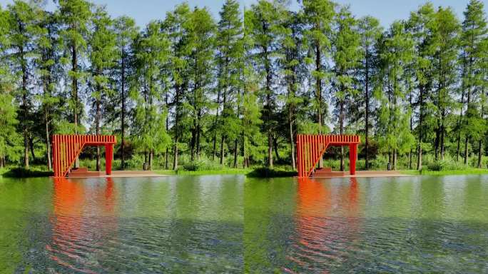 池塘边红色亭子竖版