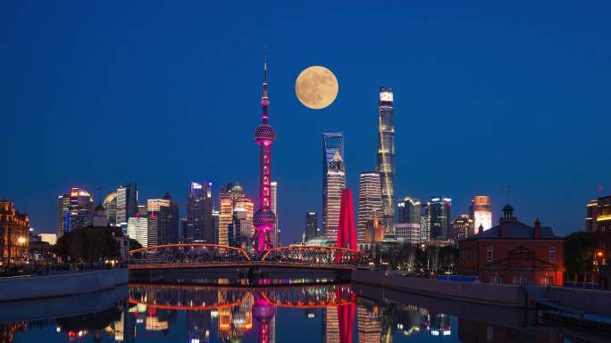 上海陆家嘴日转夜满月升起延时