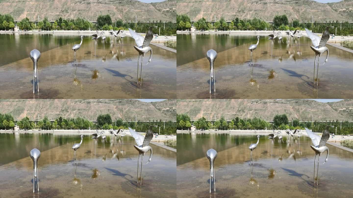 湿地公园 水上仙鹤塑像 仙鹤金属雕塑