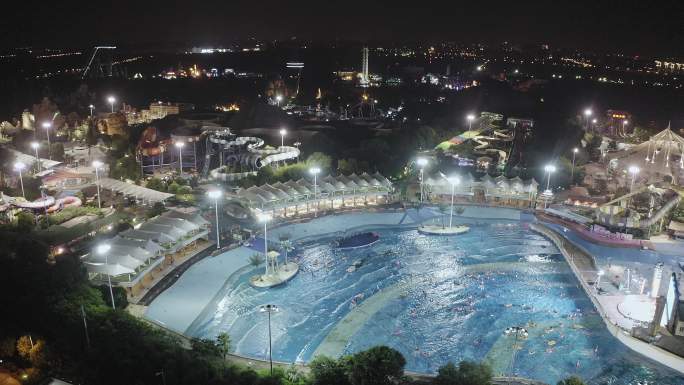 航拍上海松江玛雅水上乐园游泳池夜景