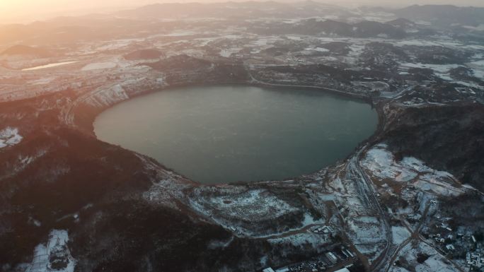 安徽省马鞍山市南山矿冬季雪景日出航拍