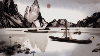 4K古风写意中国风湖面小船水墨背景视频素材