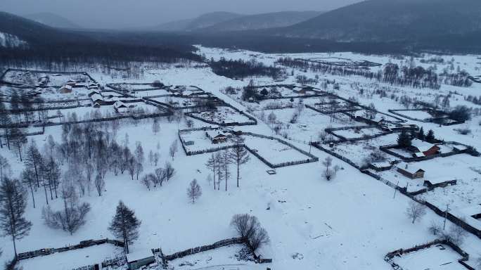 航拍东北林区雪村风光