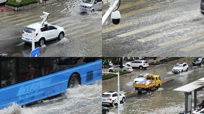 下雨时马路上积水车辆涉水