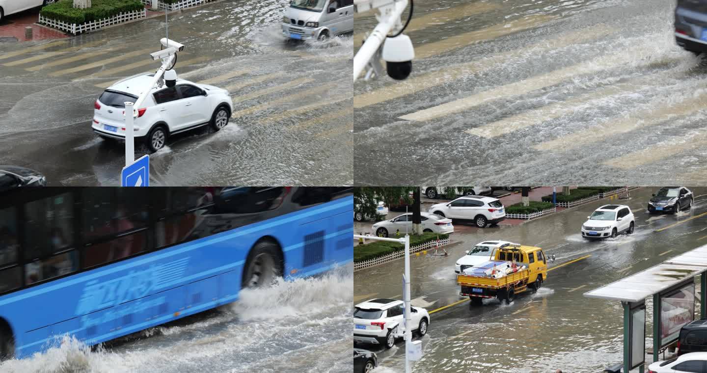 下雨时马路上积水车辆涉水